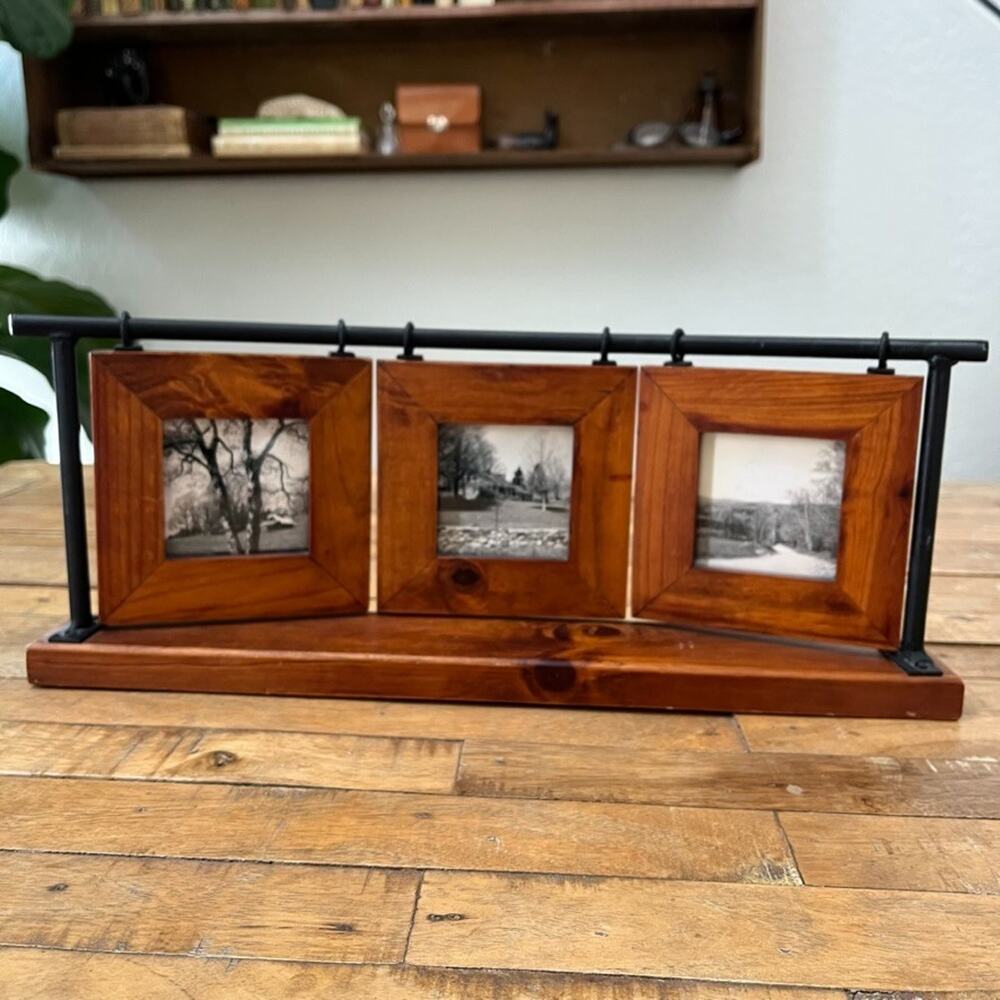 Pier 1 Imports Triple 3"x3" Photo Black Metal & Hanging Wood Swinging Frames